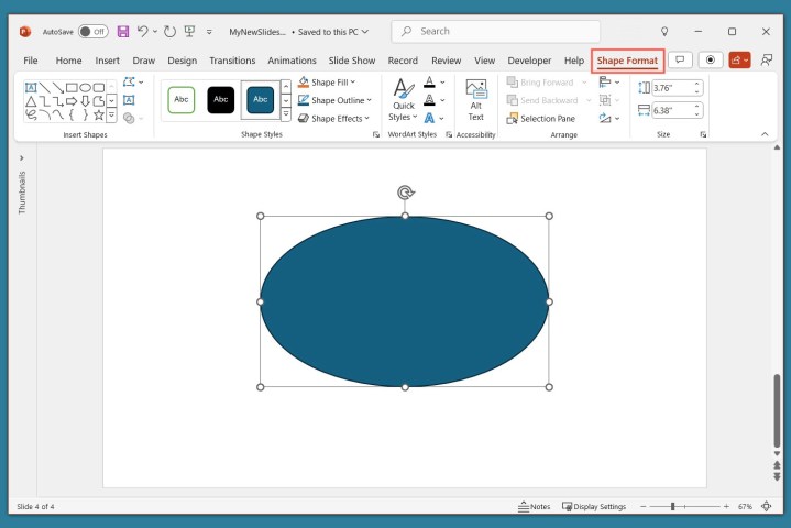 alt: Screenshot displaying the "Shape Format" tab in PowerPoint, which provides tools and options for customizing the appearance of inserted shapes.