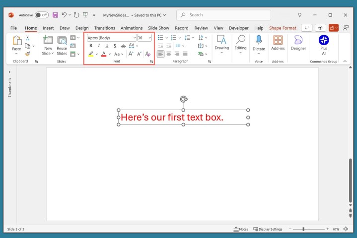 alt: Screenshot highlighting the Font section on the "Home" tab in PowerPoint, showing options for formatting text such as font style, size, color, and effects.