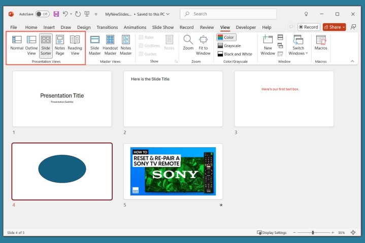 alt: Screenshot displaying the different view options available in PowerPoint under the "View" tab, such as Normal, Outline View, Slide Sorter, Notes Page, and Reading View.