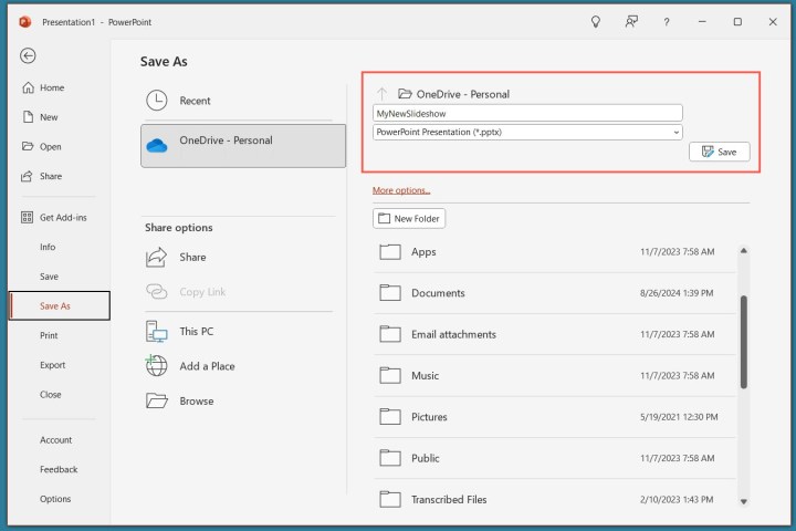 alt: Screenshot of the "Save As" dialog box in PowerPoint, showing the options for naming the file, selecting the save location, and the "Save" button.