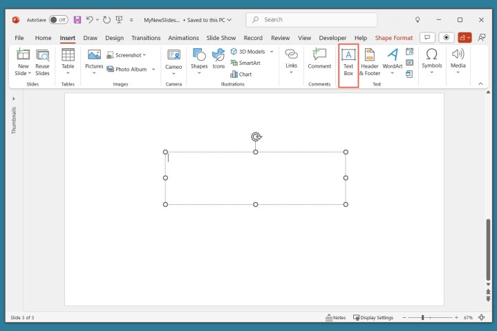 alt: Screenshot showing how to insert a text box in PowerPoint using the "Insert" tab and the "Text Box" option.