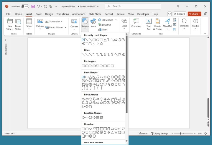 alt: Screenshot showcasing the "Shapes" menu in PowerPoint, illustrating the variety of shapes available for insertion into a slide.