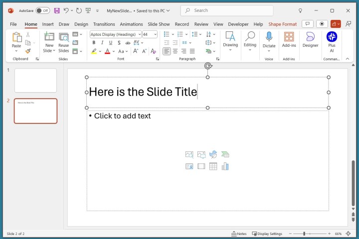 alt: Screenshot of a PowerPoint slide with a title placeholder, demonstrating how to enter a title for the slide.