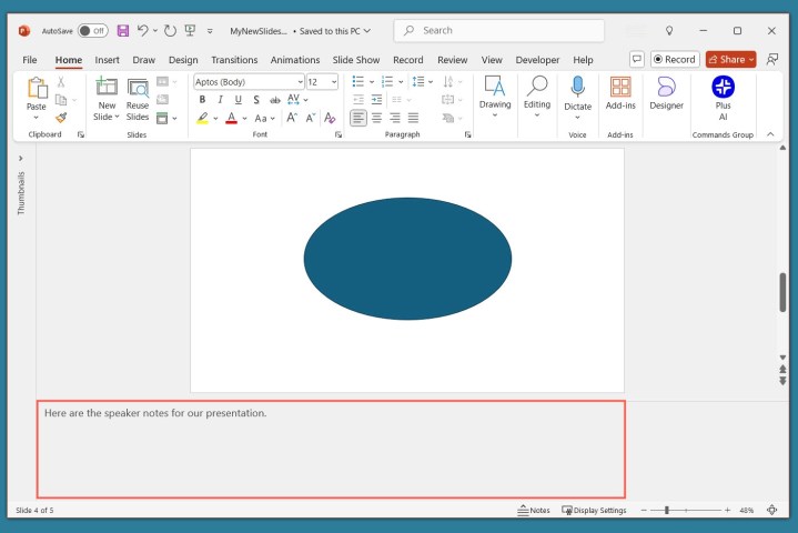 alt: Screenshot of the "Notes" pane in PowerPoint, showing the area where speaker notes can be entered and formatted for each slide.