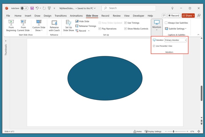 alt: Screenshot highlighting the "Use Presenter View" option and "Monitor" settings in PowerPoint's "Slide Show" tab, allowing users to configure their presentation display setup.