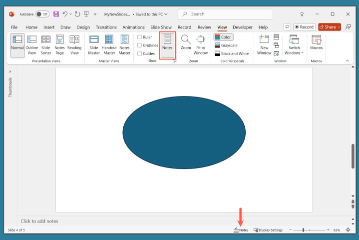 alt: Screenshot demonstrating how to access the "Notes" pane in PowerPoint via the Status Bar or the "View" tab, allowing users to add speaker notes for each slide.