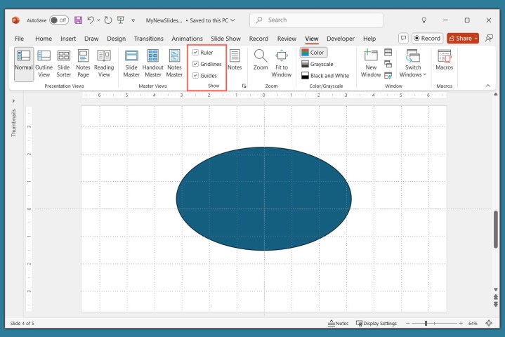 alt: Screenshot highlighting the "Show" section in the PowerPoint "View" tab, with options to display rulers, gridlines, and guides for slide layout assistance.