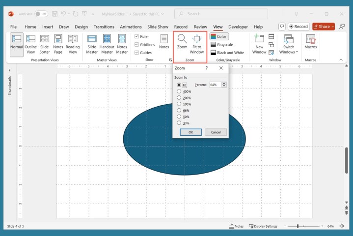 alt: Screenshot showing the "Zoom" options in PowerPoint, which allow users to adjust the magnification level of the slide view for better editing and viewing experience.