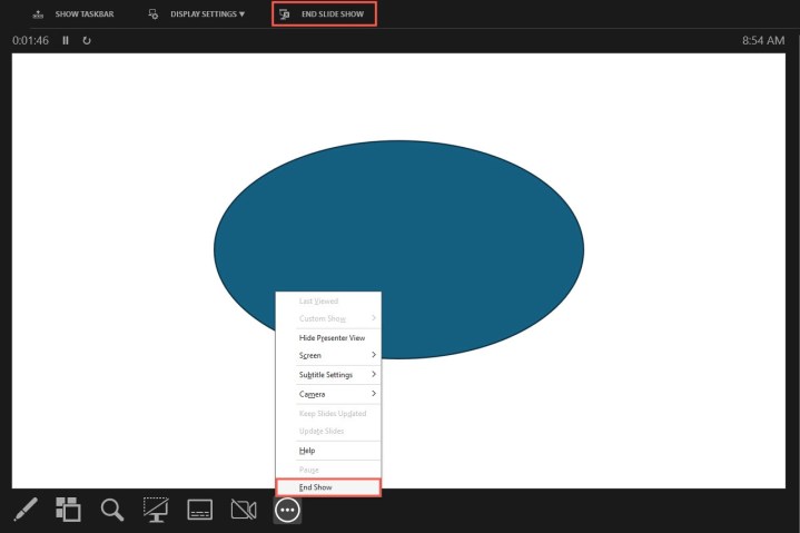 alt: Screenshot demonstrating different ways to end a PowerPoint slideshow, including pressing the "Esc" key, clicking the "End Slide Show" button, or selecting "End Show" from the more options menu.