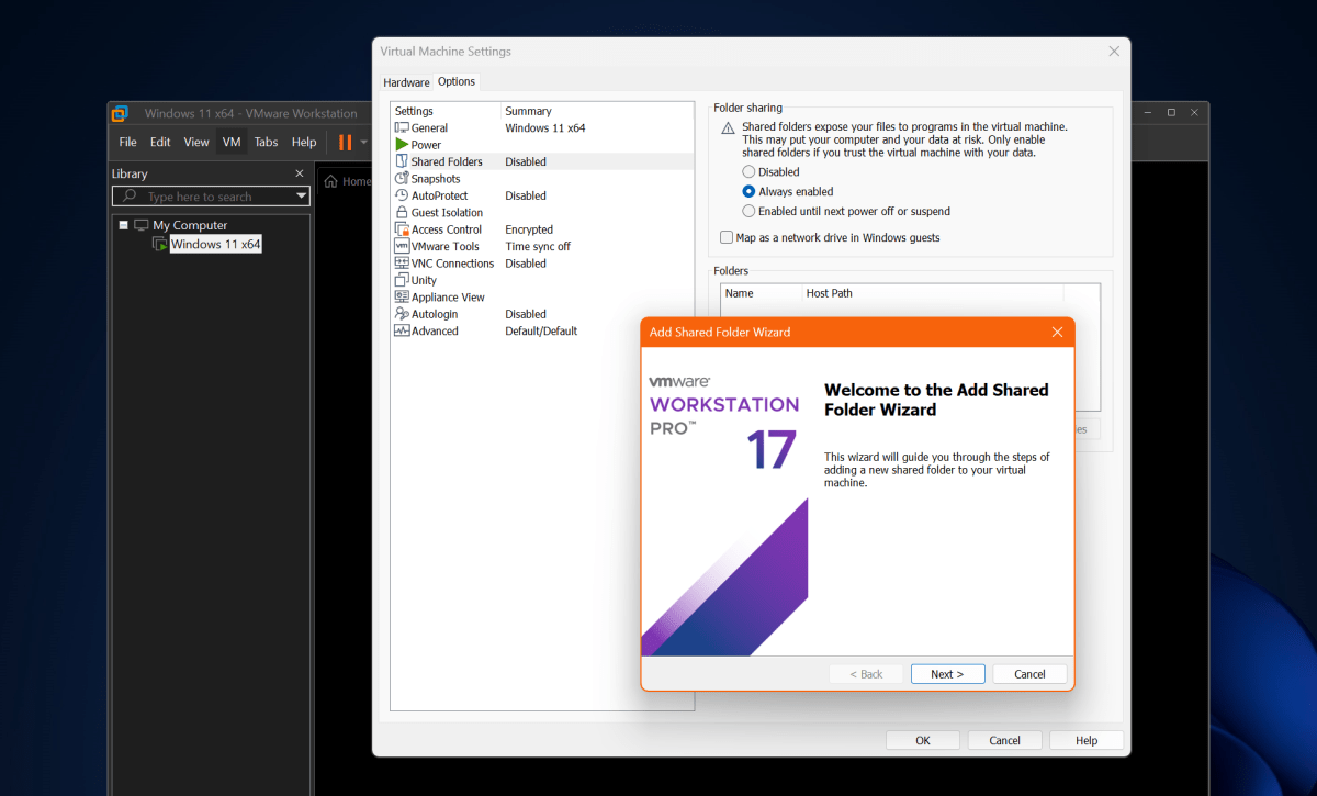 alt: VMware Workstation 17 Shared Folder Configuration