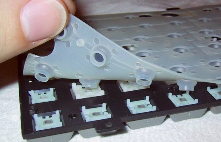 alt text: Close-up view of a keyboard membrane. Membrane keyboards are commonly found in budget-friendly options.