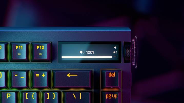 alt text: Close-up of the 2-inch OLED display on the Razer BlackWidow V4 Pro 75% keyboard. Built-in displays can provide useful information and controls.