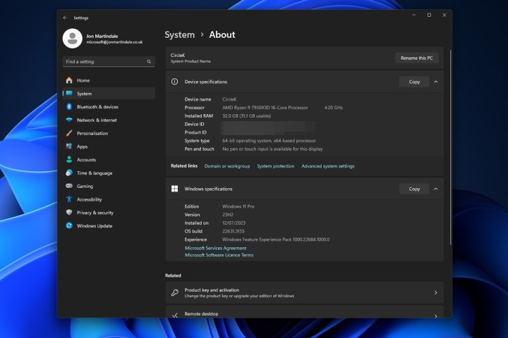 Checking the CPU in Windows Settings.  This image shows the Windows Settings app open to the System > About page.  The processor information, including name and speed, is highlighted.