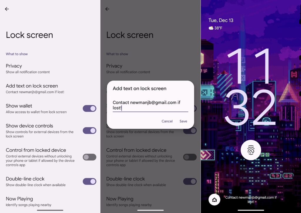 Screenshots of adding lock screen text on a Pixel phone