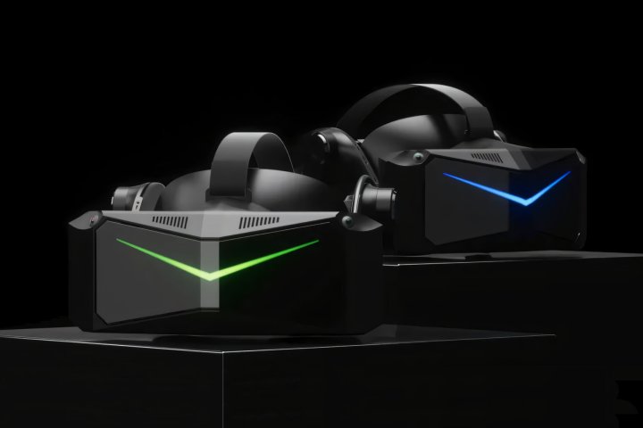 Pimax Crystal Super QLED and micro-OLED VR headsets appear on a black background.