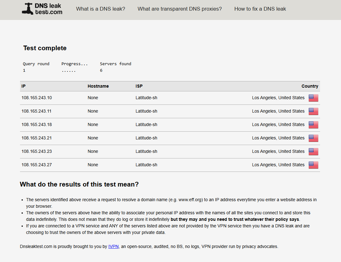 DNS Leak Test Results