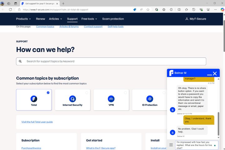 I was impressed with the speed of F-Secure’s live chat support.
