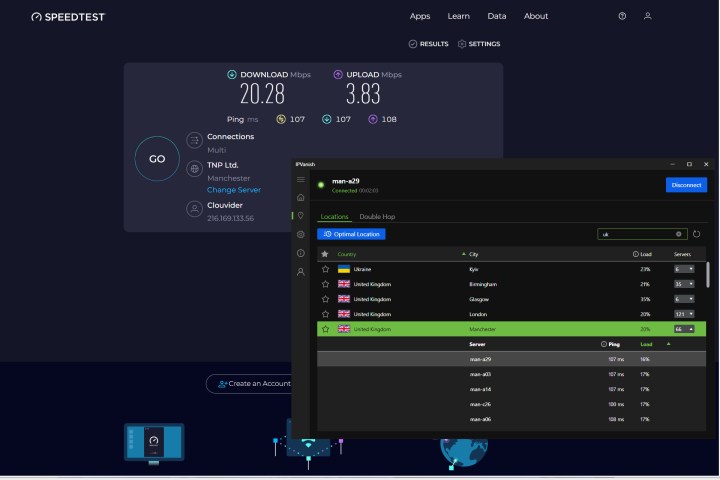 Alt text: Initial SpeedTest results using IPVanish Essential with the WireGuard protocol showed significantly slower speeds than expected.