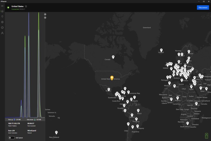 Alt text: IPVanish's user interface features a large, interactive map displaying worldwide server locations.