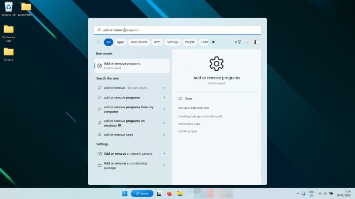 Searching for Add and Remove programs in Windows 11.