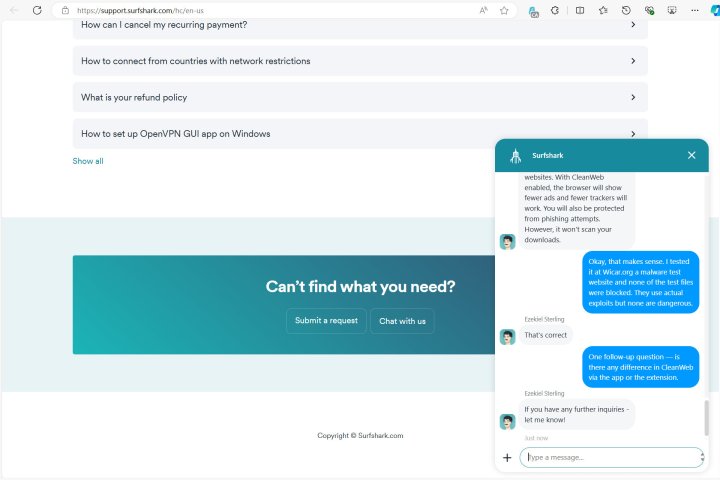 Surfshark's support interface