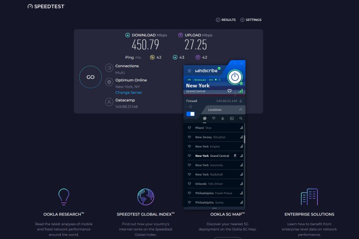 Windscribe speed test results