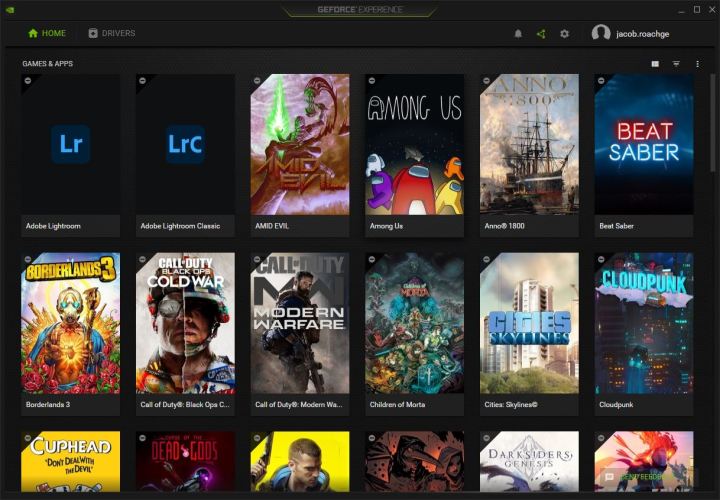 The home page in Nvidia GeForce Experience.