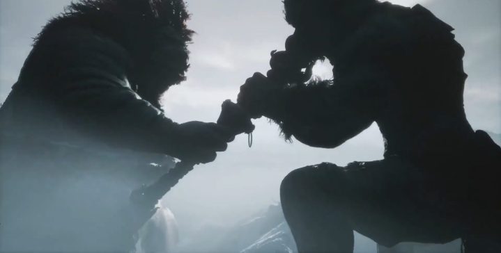 Two shadowy figures in combat in black myth wukong.