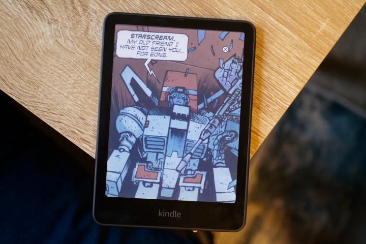 A zoomed in comic page on the Amazon Kindle Colorsoft Signature Edition.