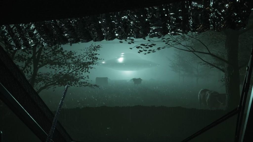 alt: A screenshot from Greyhill Incident showing the player hiding inside a vehicle while an alien walks by.