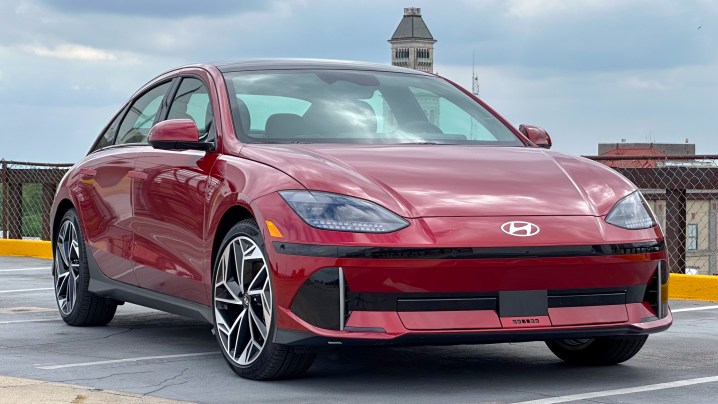 alt text: The front view of a red Hyundai Ioniq 6 electric sedan.