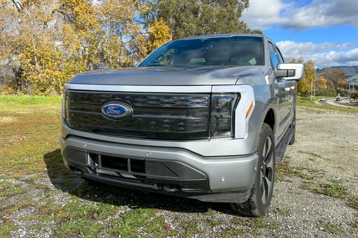 alt text: Front view of a Ford F-150 Lightning electric pickup truck.