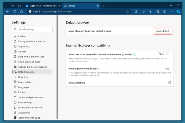 Make Default in the Edge Settings.