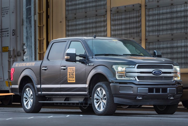 alt text: A Ford F-150 Lightning electric pickup truck, a direct competitor to the Tesla Cybertruck.