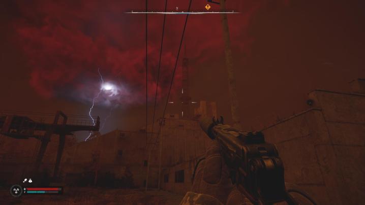 The player stares at a blood-red sky caused by an Emission in Stalker 2.