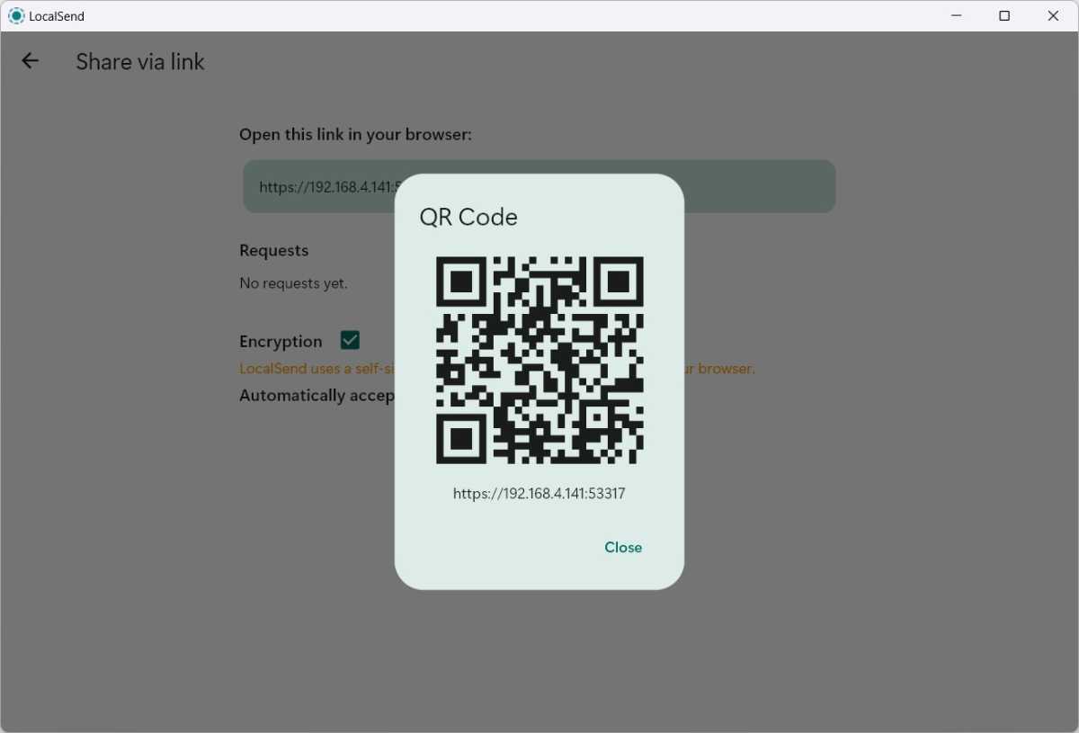 LocalSend file sharing using a QR code.