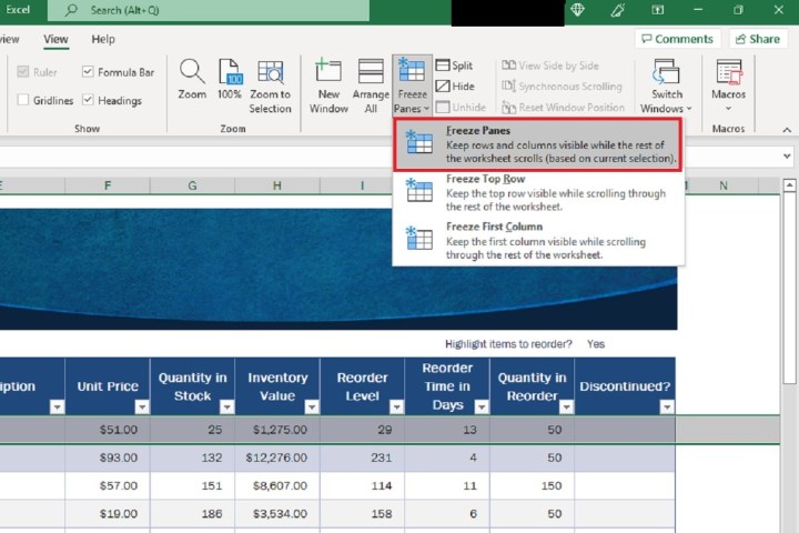 An Excel screenshot showing the Freeze Panes drop down menu options.