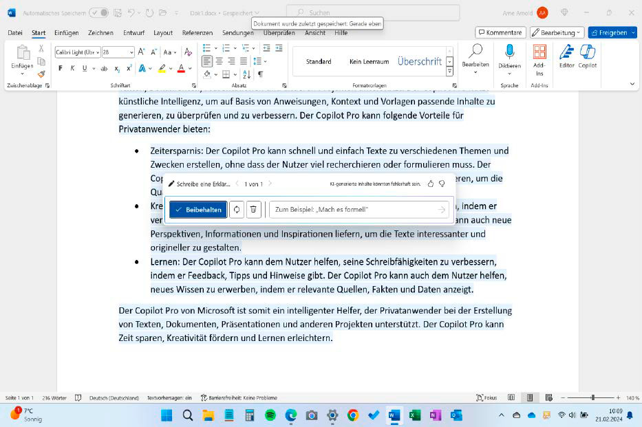 Copilot Pro Text Editing in Word