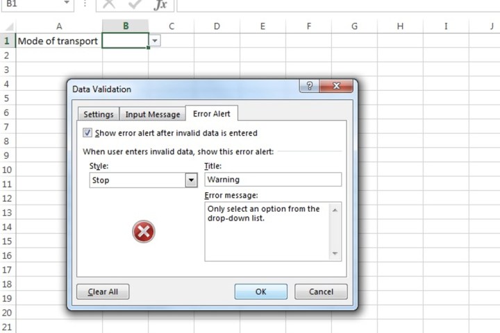 Entering the relevant data for displaying an error alert for a drop-down list on Microsoft Excel.