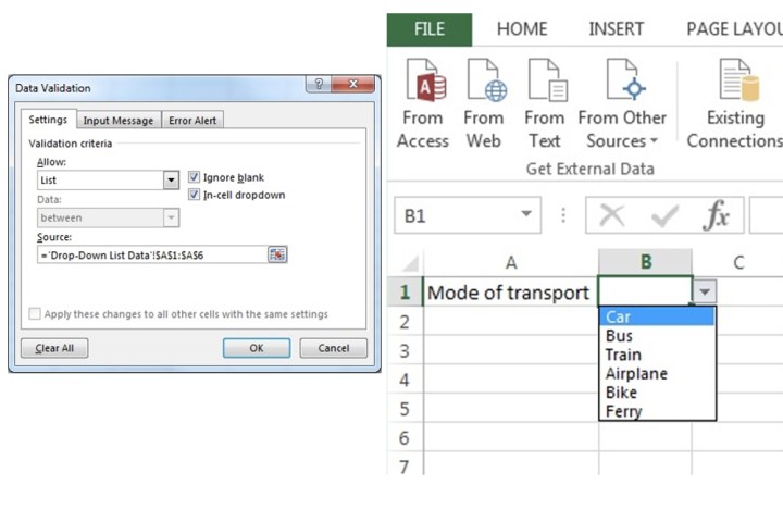 The Source bar that includes the range of cells required for a drop-down list.