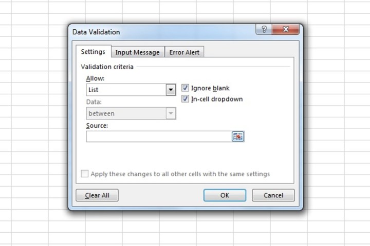 The List option within the Allow menu on Microsoft Excel.