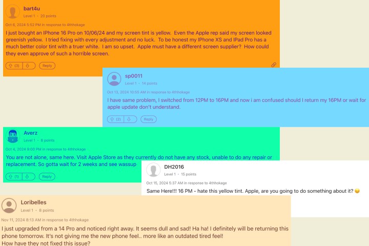 iPhone 16 Pro users discussing the screen tint problems.