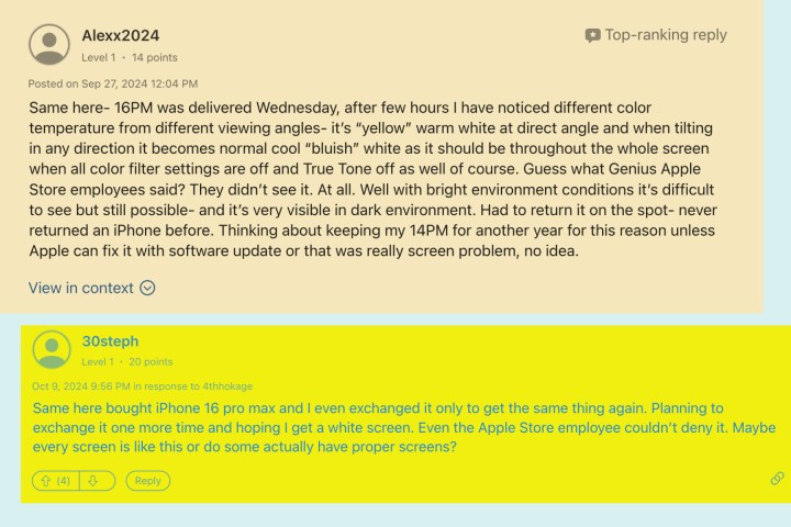 Users discussing the yellow tint issue and potential fixes.