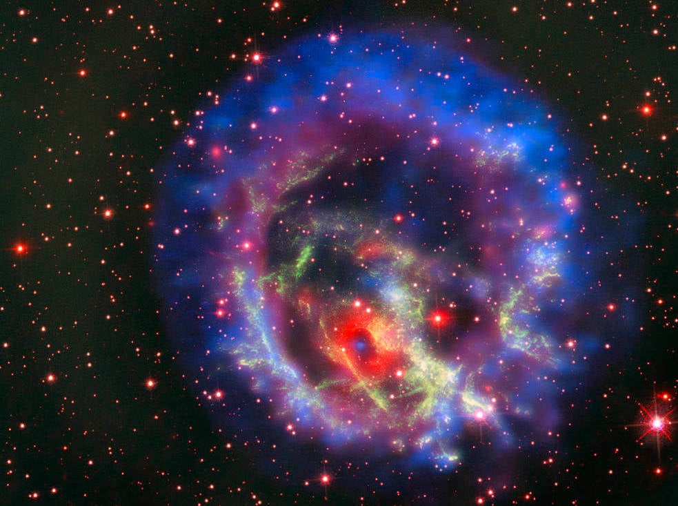 A neutron star is what’s left after a star collapses in a supernova, like the one pictured here.