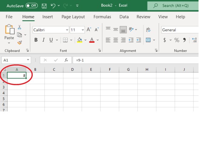 The correct answer that appears after using a formula to subtract two numbers within a cell in Excel.