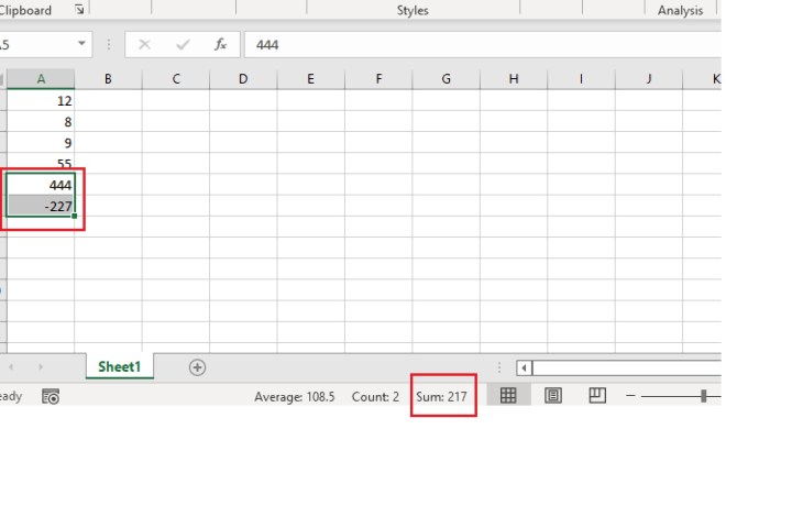 Using the status bar in Excel to subtract two numbers.