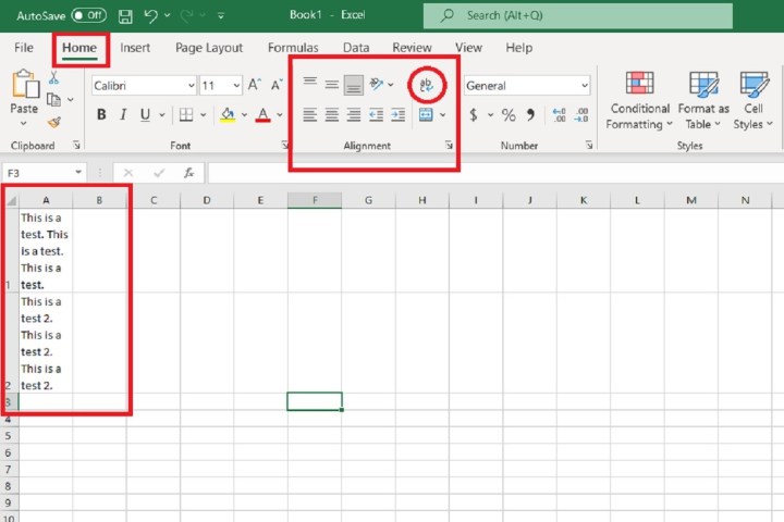 alt text: Screenshot of the Excel ribbon, highlighting the Wrap Text button in the Home tab's Alignment group.