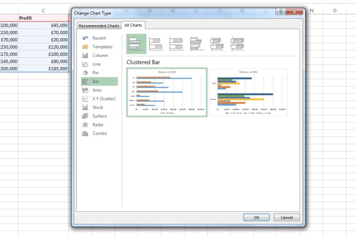 The All Charts window in Microsoft Excel.