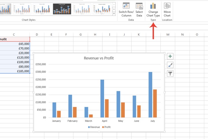 The Change Chart Type button in Microsoft Excel.