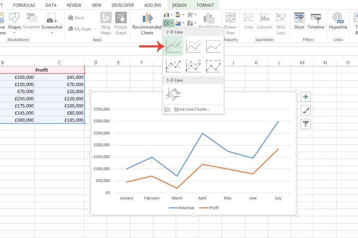 The drop-down menu for a specific graph type in Microsoft Excel.